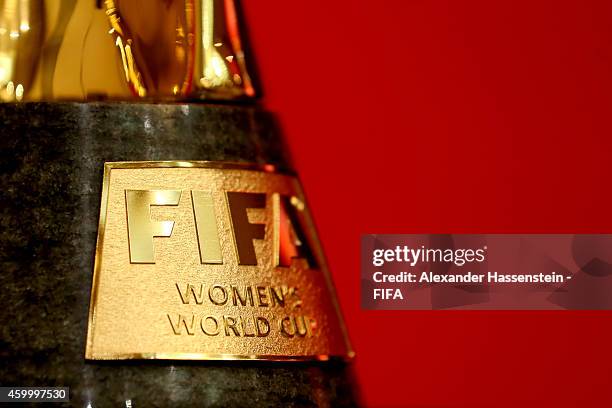 The FIFA Woman`s World Cup Trophy is displayed during the official Pre-Draw press conference at The Westin Hotel on December 5, 2014 in Ottawa,...