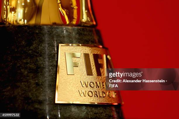 The FIFA Woman`s World Cup Trophy is displayed during the official Pre-Draw press conference at The Westin Hotel on December 5, 2014 in Ottawa,...