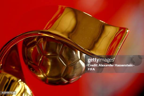 The FIFA Woman`s World Cup Trophy is displayed during the official Pre-Draw press conference at The Westin Hotel on December 5, 2014 in Ottawa,...