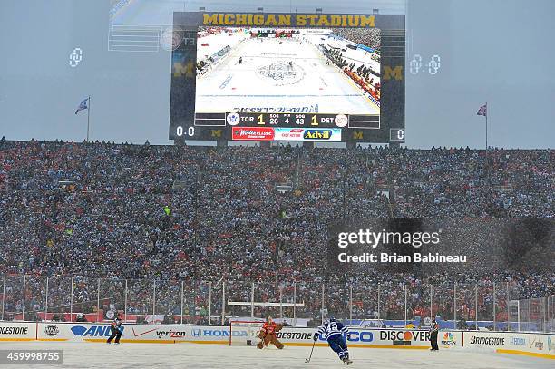 Tyler Bozak of the Toronto Maple Leafs skates in on goaltender Jimmy Howard of the Detroit Red Wings during shootout overtime of the 2014 Bridgestone...