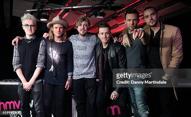 Tom Fletcher, Dougie Poynter, James Bourne, Danny Jones, Harry Judd and Matt Willis of McBusted meets fans and signs copies of their new self titled...