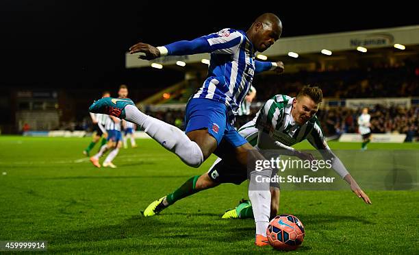 Blyth Spartans player Ryan Hutchinson is challenged by Marlon Harewood of Hartlepool during the FA Cup Second round match between Hartlepool United...