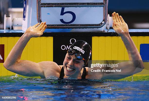 Femke Heemskerk of the Netherlands reacts after winning the Women's 100m Freestyle Final during day three of the 12th FINA World Swimming...