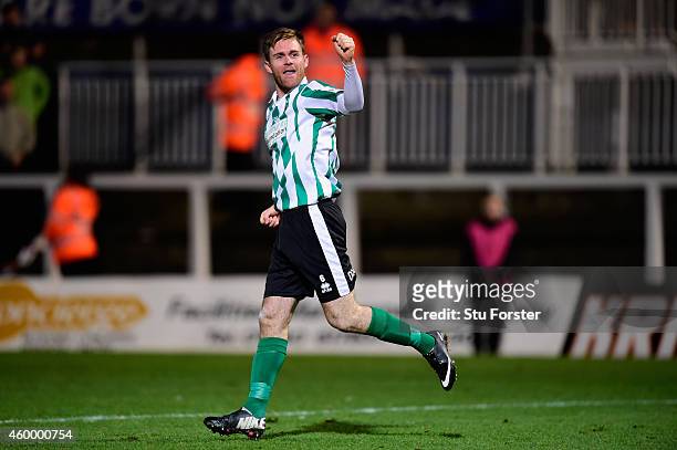 Blyth Spartans player Stephen Turnbull celebrates his equaliser during the FA Cup Second round match between Hartlepool United and Blyth Spartans at...
