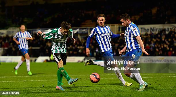 Blyth Spartans player Jarrett Rivers scores the second goal during the FA Cup Second round match between Hartlepool United and Blyth Spartans at...