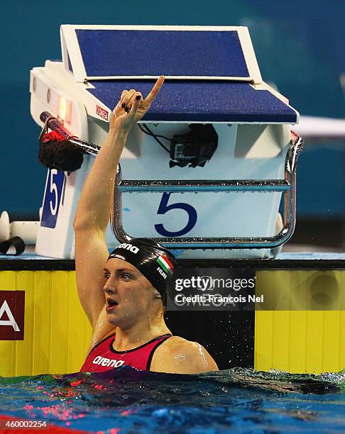 Katinka Hosszu of Hungary reacts after winning the Women's 100m Individual Medley Final during day three of the 12th FINA World Swimming...