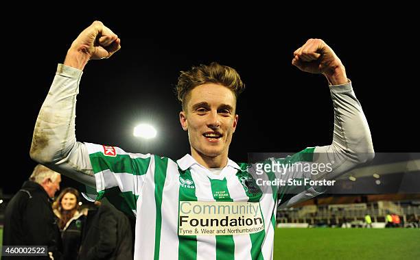 Blyth Spartans player Jarrett Rivers celebrates after scoring the winning goal during the FA Cup Second round match between Hartlepool United and...