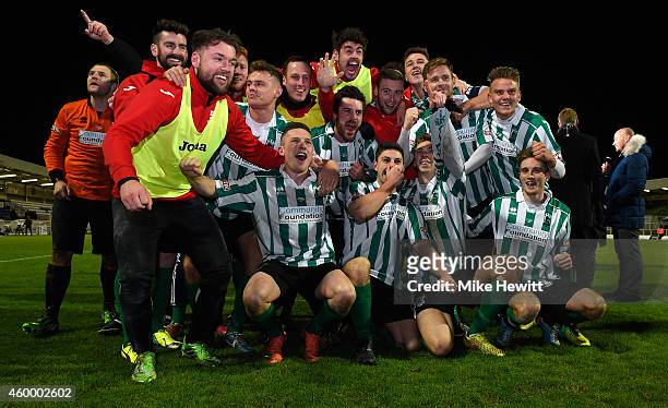 Blyth Spartans celebrate victory in the FA Cup Second Round match between Hartlepool United and Blyth Spartans at Victoria Park on December 5, 2014...