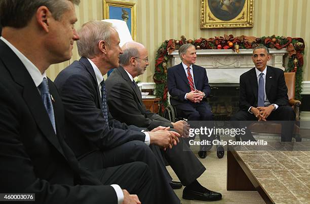 President Barack Obama meets with a group of newly elected governors Governor-elect Charlie Baker of Massachusetts, Governor-elect Bruce Rauner of...
