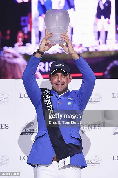 Doda de Miranda from Brazil celebrates his 1st place finish at the Longines Speed Challenge Prix class as part of the Gucci Paris Masters 2014 on...