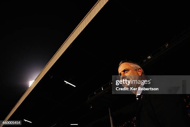 Kit Symons the Fulham manager looks on before the Sky Bet Championship match between Fulham and Watford at Craven Cottage on December 5, 2014 in...