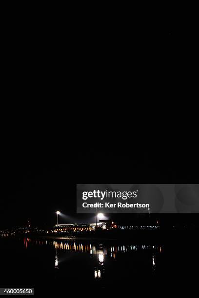 General view of the stadium at night from the opposite bank of the River Thames before the Sky Bet Championship match between Fulham and Watford at...