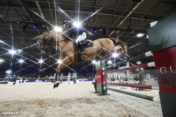 5th place finisher Gerco Schroder from Netherlands rides Glock's Prince de Vaux at the Longines Speed Challenge Prix class as part of the Gucci Paris...