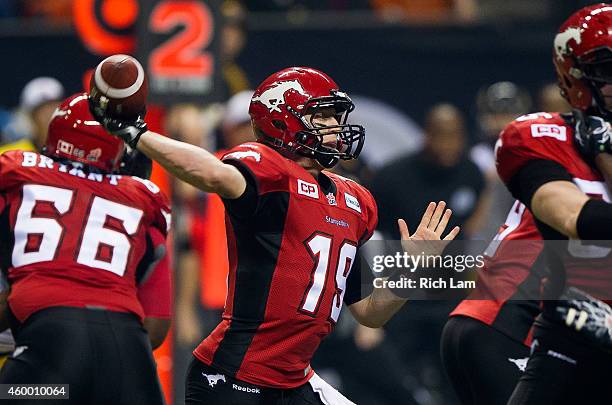 Bo Levi Mitchell of the Calgary Stampeders throws the ball during the 102nd Grey Cup Championship Game against the Hamilton Tiger-Cats at BC Place...