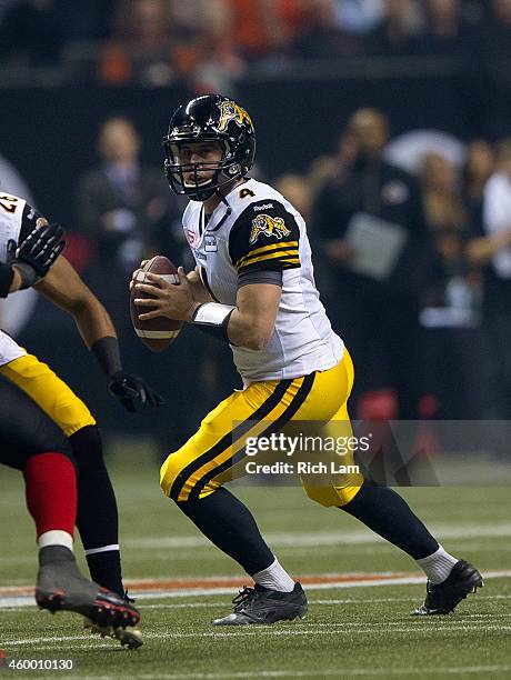 Zach Collaros of the Hamilton Tiger-Cats gets ready to throw the ball during the 102nd Grey Cup Championship Game against the Calgary Stampeders at...