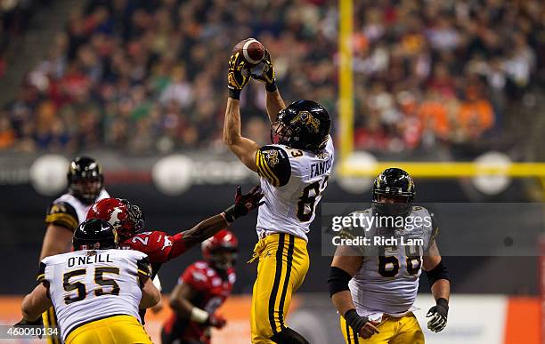 Andy Fantuz of the Hamilton Tiger-Cats catches the ball during the 102nd Grey Cup Championship Game against the Calgary Stampeders at BC Place...