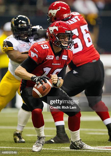 Bo Levi Mitchell of the Calgary Stampeders gets ready to throw the ball during the 102nd Grey Cup Championship Game against the Hamilton Tiger-Cats...