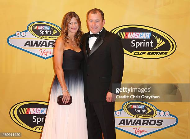 Ryan Newman and his wife Krissie Newman arrive on the red carpet prior to the 2014 NASCAR Sprint Cup Series Awards at Wynn Las Vegas on December 5,...