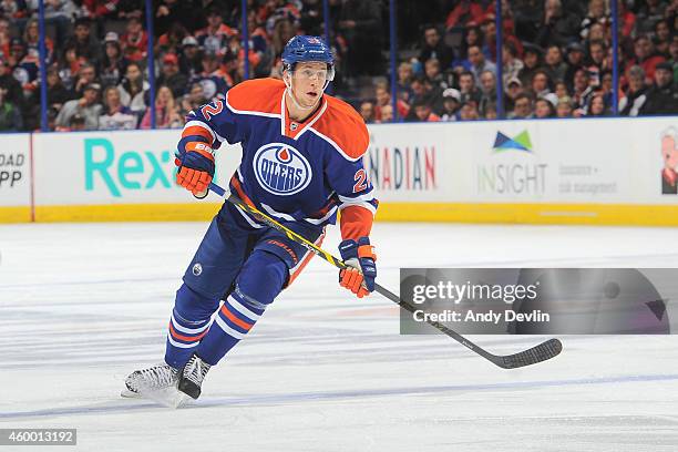 Keith Aulie of the Edmonton Oilers skates against the Chicago Blackhawks on November 22, 2014 at Rexall Place in Edmonton, Alberta, Canada.