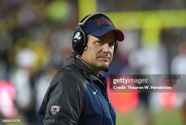 Head coach of the Arizona Wildcats Rich Rodriguez watches the action on the field during the first half against the Oregon Ducks at Levi's Stadium on...