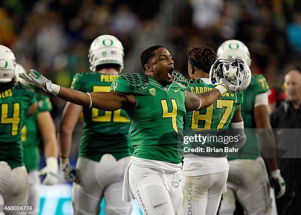 Erick Dargan of the Oregon Ducks celebrates with fans during the PAC-12 Championships against the Arizona Wildcats at Levi's Stadium on December 5,...