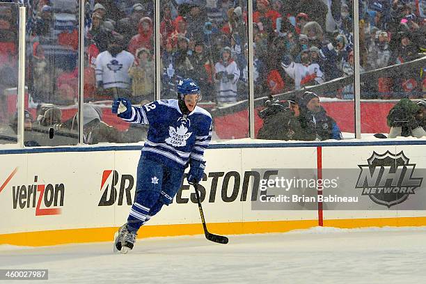 Tyler Bozak of the Toronto Maple Leafs celebrates after scoring on goaltender Jimmy Howard of the Detroit Red Wings during shootout overtime of the...
