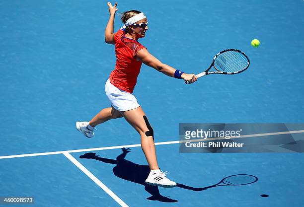 Kirsten Flipkens of Belgium plays a backhand during her quarterfinal match against Sachie Ishizu of Japan during day four of the ASB Classic at ASB...