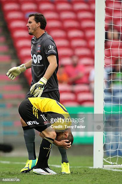 Michael McGlinchey of the Phoenix puts his head in his hands after missing a chance at goal during the round 10 A-League match between the Newcastle...