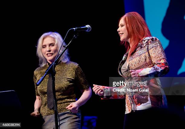 Singers Debbie Harry of Blondie and Kate Pierson of The B-52's perform during the 34th Annual John Lennon Tribute Benefit Concert at Symphony Space...