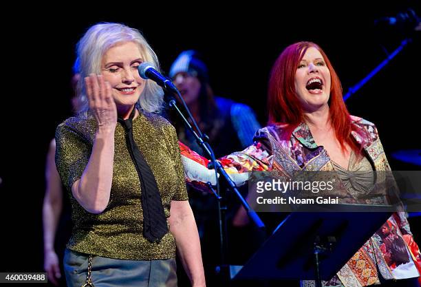 Singers Debbie Harry of Blondie and Kate Pierson of The B-52's perform during the 34th Annual John Lennon Tribute Benefit Concert at Symphony Space...
