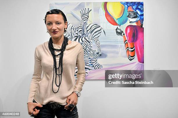 Mila Wiegand poses during the 'sucker punch' vernissage of Mila Wiegand and Kai Ebel at von fraunberg art gallery on December 5, 2014 in Duesseldorf,...