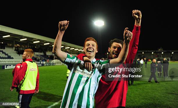 Blyth Spartans Michael Richardson celebrates after the FA Cup Second round match between Hartlepool United and Blyth Spartans at Victoria Park on...