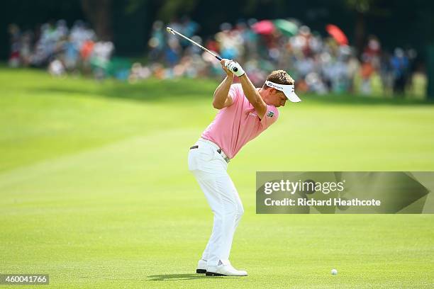 Luke Donald of England plays into the 9th green during the third round of the Nedbank Golf Challenge at the Gary Player Country Club on December 6,...