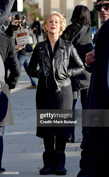 Helen Mirren on set of her first L'Oreal Paris Age Perfect Skincare TV advert in London. Helen wears Age Perfect Skincare and Excellence hair colour...