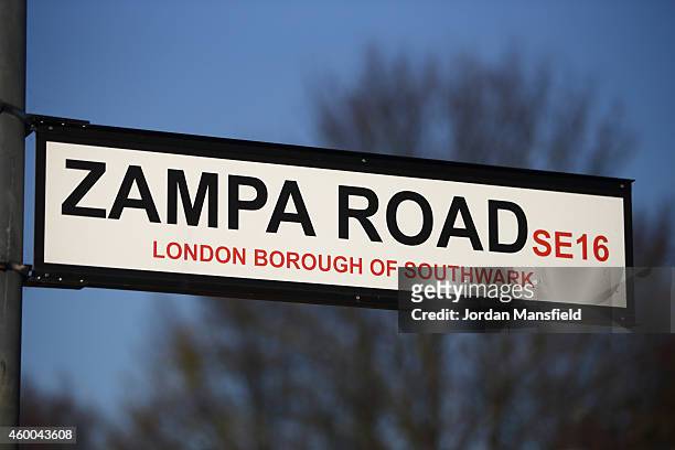 General view of a Zampa Road sign ahead of the Sky Bet Championship match between Millwall and Middlesbrough at The Den on December 6, 2014 in...