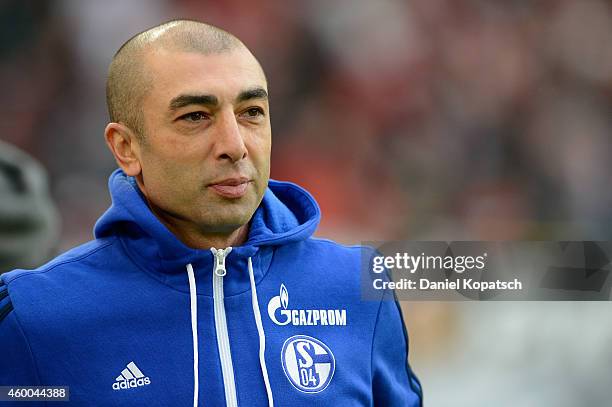 Coach Roberto di Matteo of Schalke looks on prior to the first Bundesliga match between VfB Stuttgart and FC Schalke 04 at Mercedes-Benz Arena on...