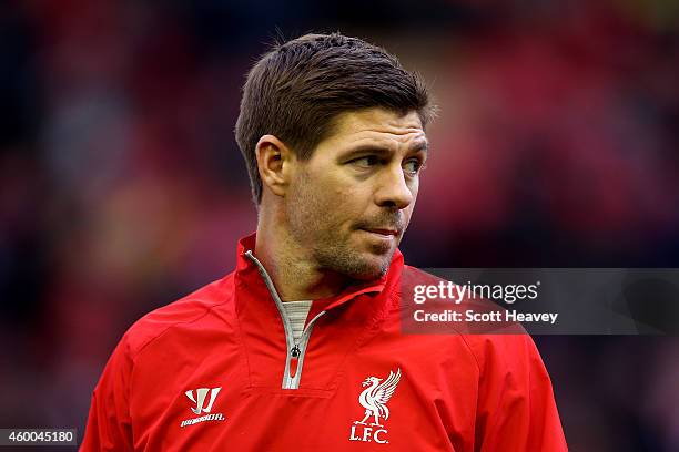 Steven Gerrard of Liverpool looks on before the Barclays Premier League match between Liverpool and Sunderland at Anfield on December 6, 2014 in...