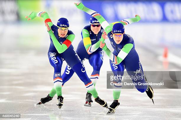 Ireen Wuest, Marrit Leenstra and Marije Jong of Netherlands compete in the Ladies' Team Pursuit event during Day 2 of the Essent ISU World Cup Speed...