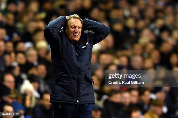 Manager Neil Warnock of Crystal Palace reacts on the touchline during the Barclays Premier League match between Tottenham Hotspur and Crystal Palace...