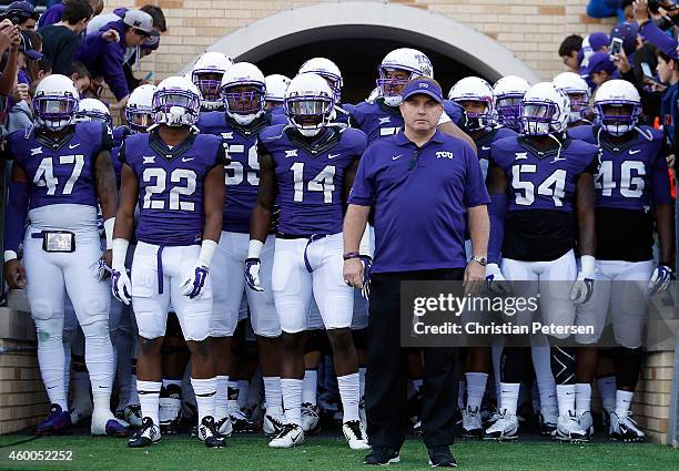 Head coach Gary Patterson of the TCU Horned Frogs leads his team onto the field before the Big 12 college football game against the Iowa State...