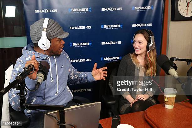 Sway interviews Leighton Meester on "Sway in the Morning" at the SiriusXM Studios on December 5, 2014 in New York City.