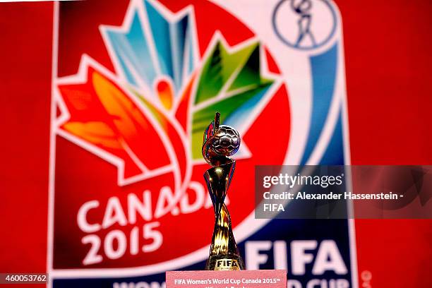 The FIFA Woman`s World Cup Trophy is displayed during the Final Draw for the FIFA Women's World Cup Canada 2015 at Canadian Museum of History on...