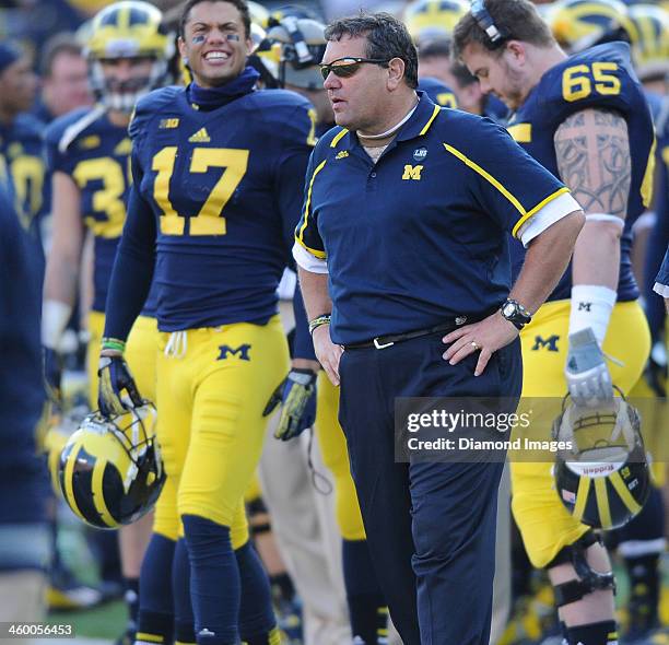 Head coach Brady Hoke of the Michigan Wolverines stands on the sideline during a game against the Ohio State Buckeyes at Michigan Stadium in Ann...