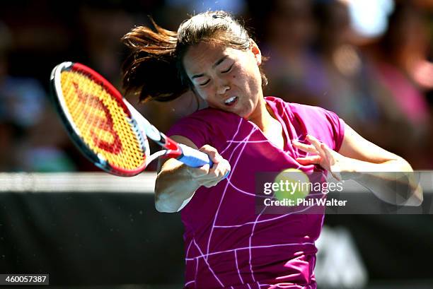 Jamie Hampton of the USA plays a forehand during her quarterfinal match against Lauren Davis of the USA on day four of the ASB Classic at the ASB...