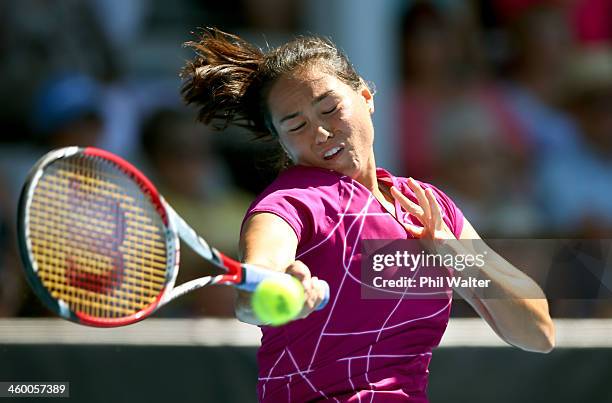 Jamie Hampton of the USA plays a forehand during her quarterfinal match against Lauren Davis of the USA on day four of the ASB Classic at the ASB...