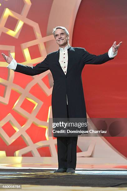 Jeremy Irons arrives on stage during the Evening Tribute To Jeremy Irons as part of the 14th Marrakech International Film Festival on December 6,...