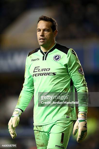 Millwall goalkeeper David Forde looks on during the Sky Bet Championship match between Millwall and Middlesbrough at The Den on December 6, 2014 in...