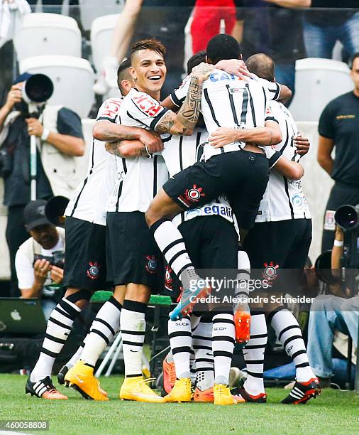 Fabio Santos of Corinthians celebrates their second goal during the match between Corinthians and Criciuma for the Brazilian Series A 2014 at Arena...