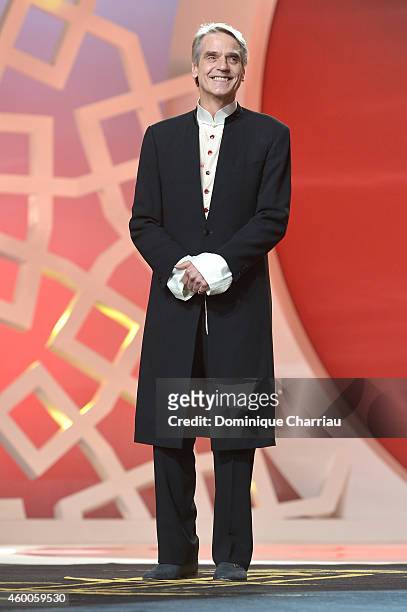 Jeremy Irons arrives on stage during the Evening Tribute To Jeremy Irons as part of the 14th Marrakech International Film Festival on December 6,...