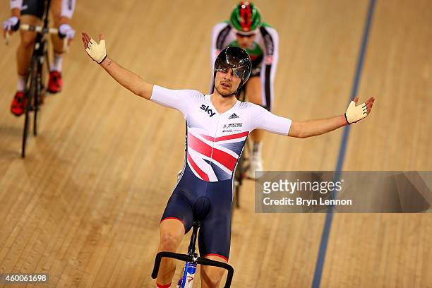 Owain Doull of Great Britain celebrates after he won the Men's Madison Final with teammate Mark Christian on day two of the UCI Track Cycling World...